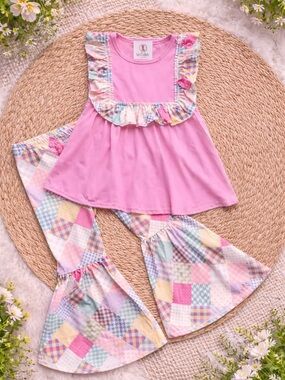 Wellie Kate Pink Patchwork Bell Bottom Set Girls 10/12 NWT Boutique